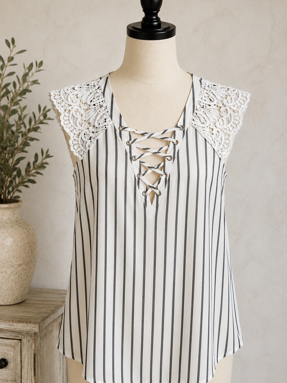 Express Striped Lace-Shoulder Swim Cover-Up in White and Black